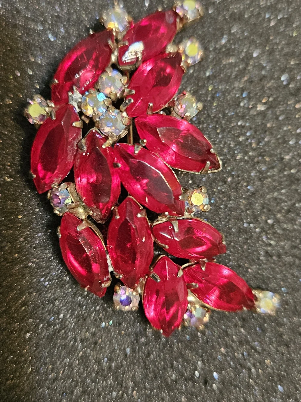 Vintage Red Marquise Aurora Brooch and Clip-On Earrings Set.
